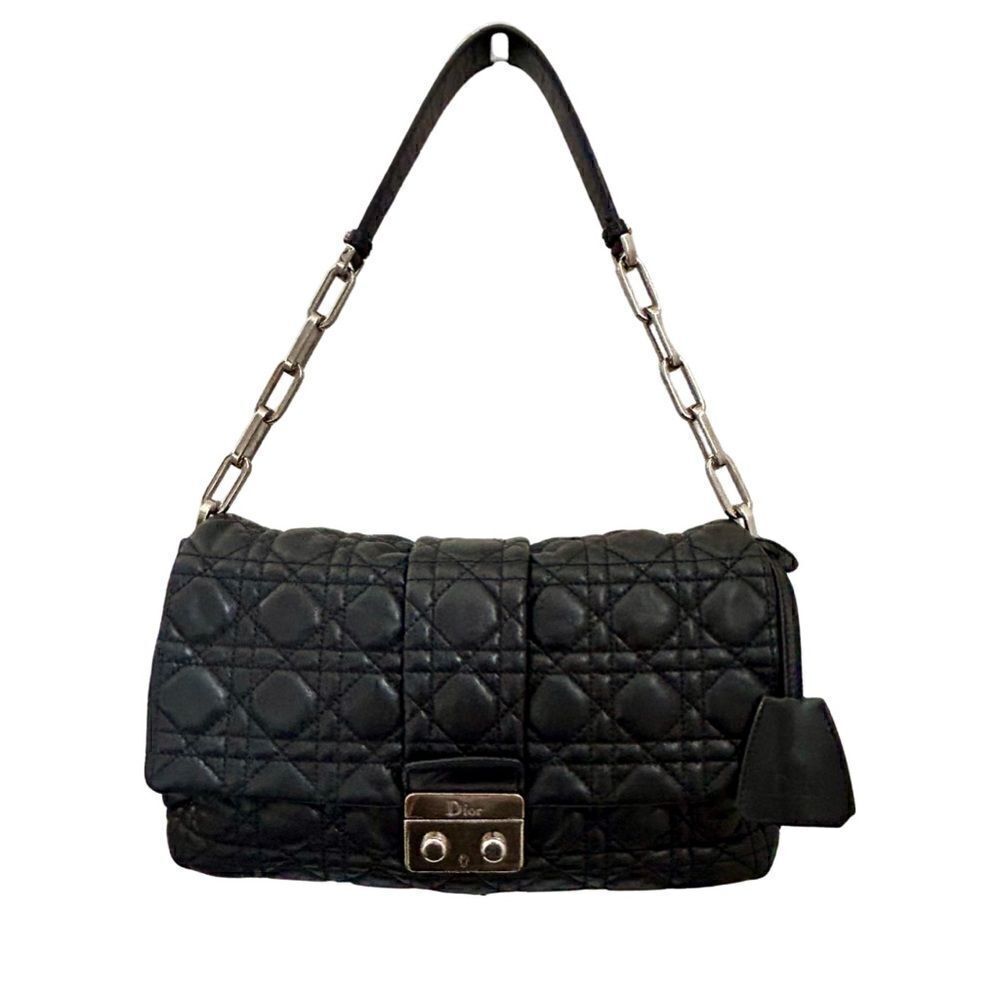 Authentic Christian Dior Black Cannage Quilted Lambskin Leather New Lock Bag